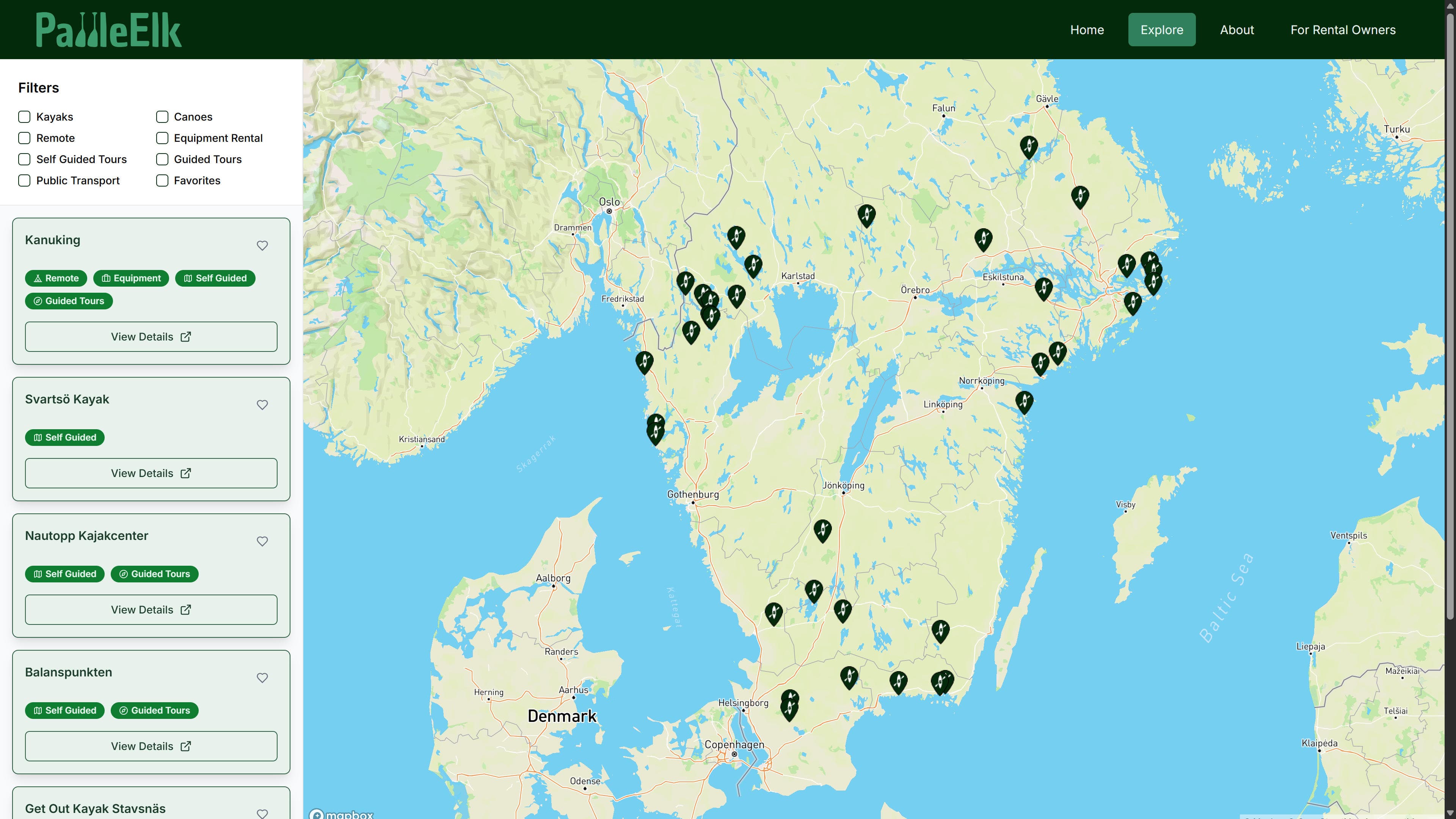 Screenshot of PaddleElk’ interactive map showing kayak and canoe rental locations in Sweden.